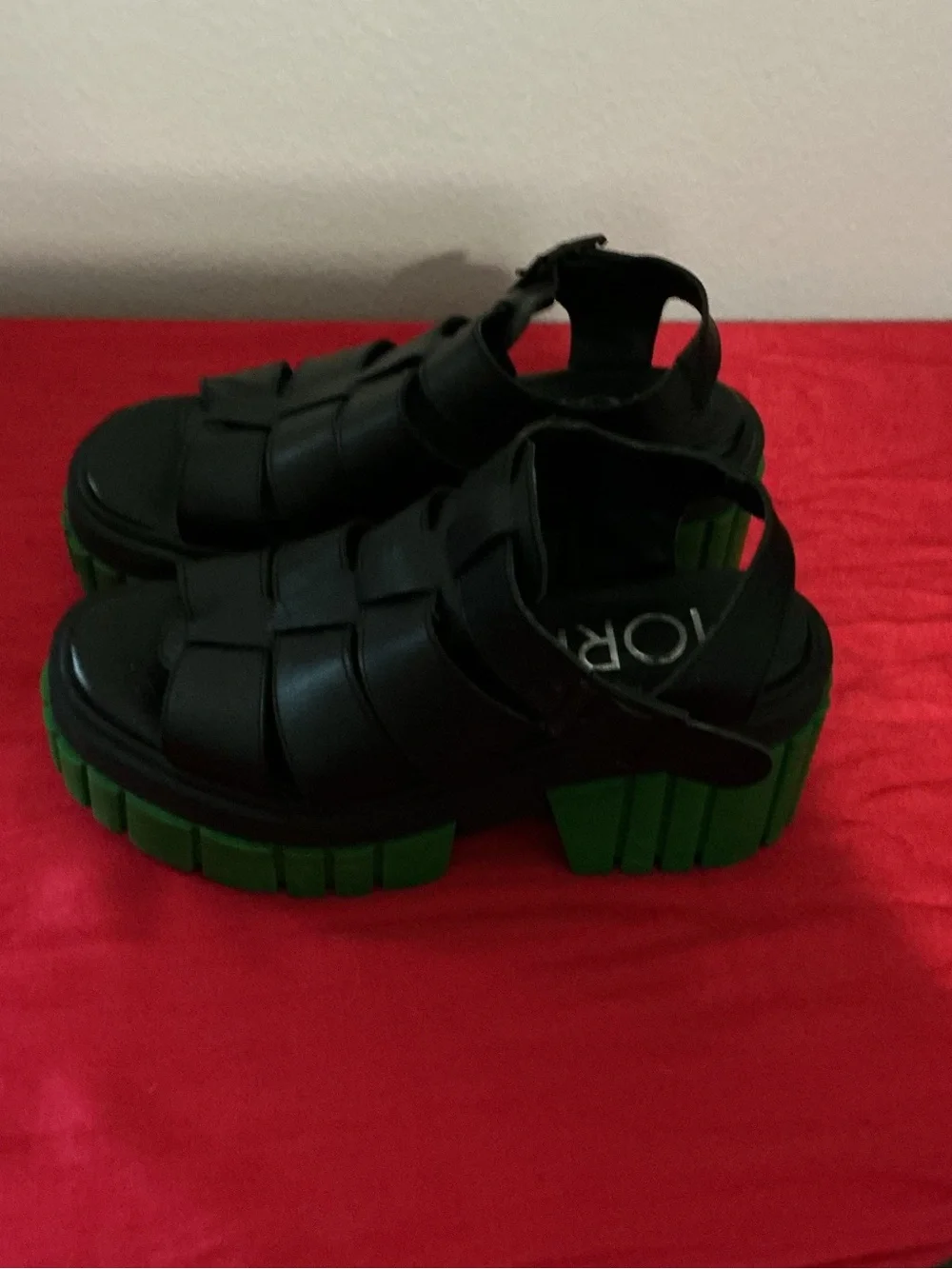 Chunky Black Gladiator Sandals with Green Sole